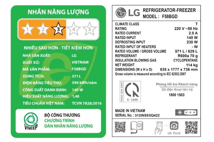 Tủ Lạnh LG Inverter 571 Lít Multi Door F58BGD